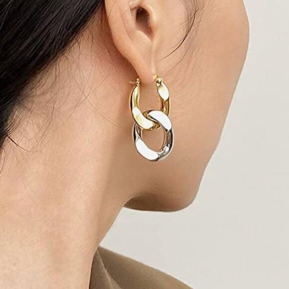 Gold and Silver Chain Link Drop Statement earrings two tone New - Picture 1 of 5